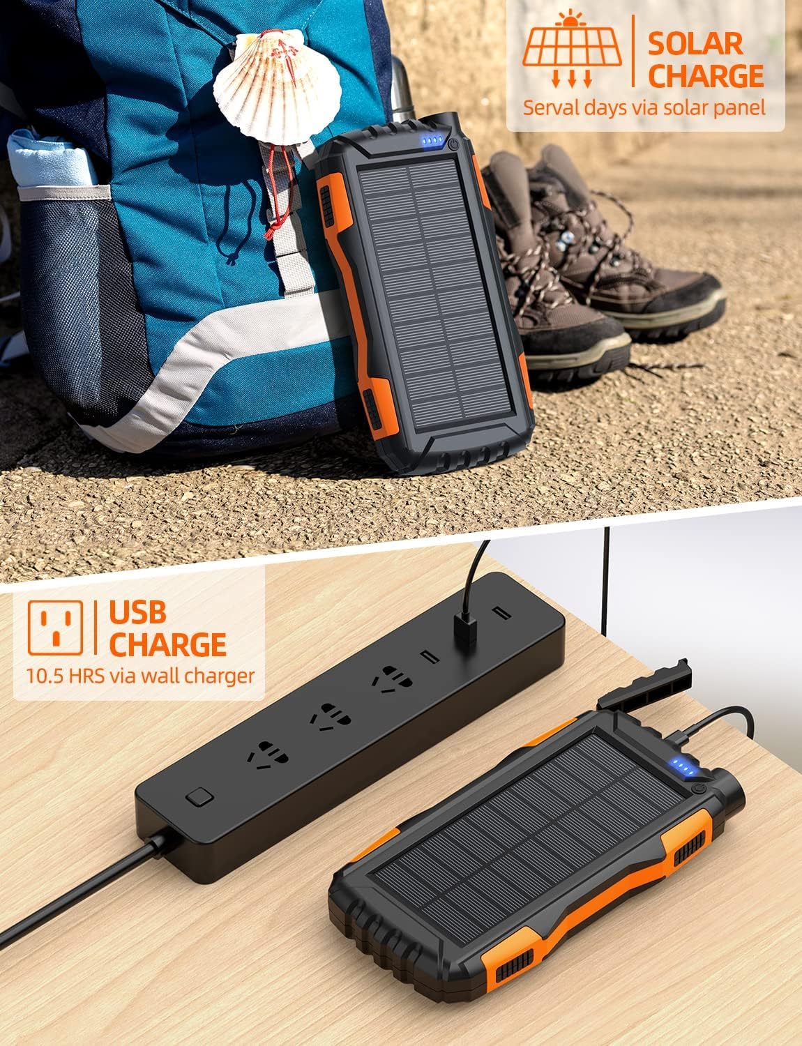 Power-Bank-Solar-Charger - 42800mAh Portable Charger,Solar Power Bank,External Battery Pack 5V3.1A Qc 3.0 Fast Charger Built-in Super Bright Flashlight (Orange) - Image 3