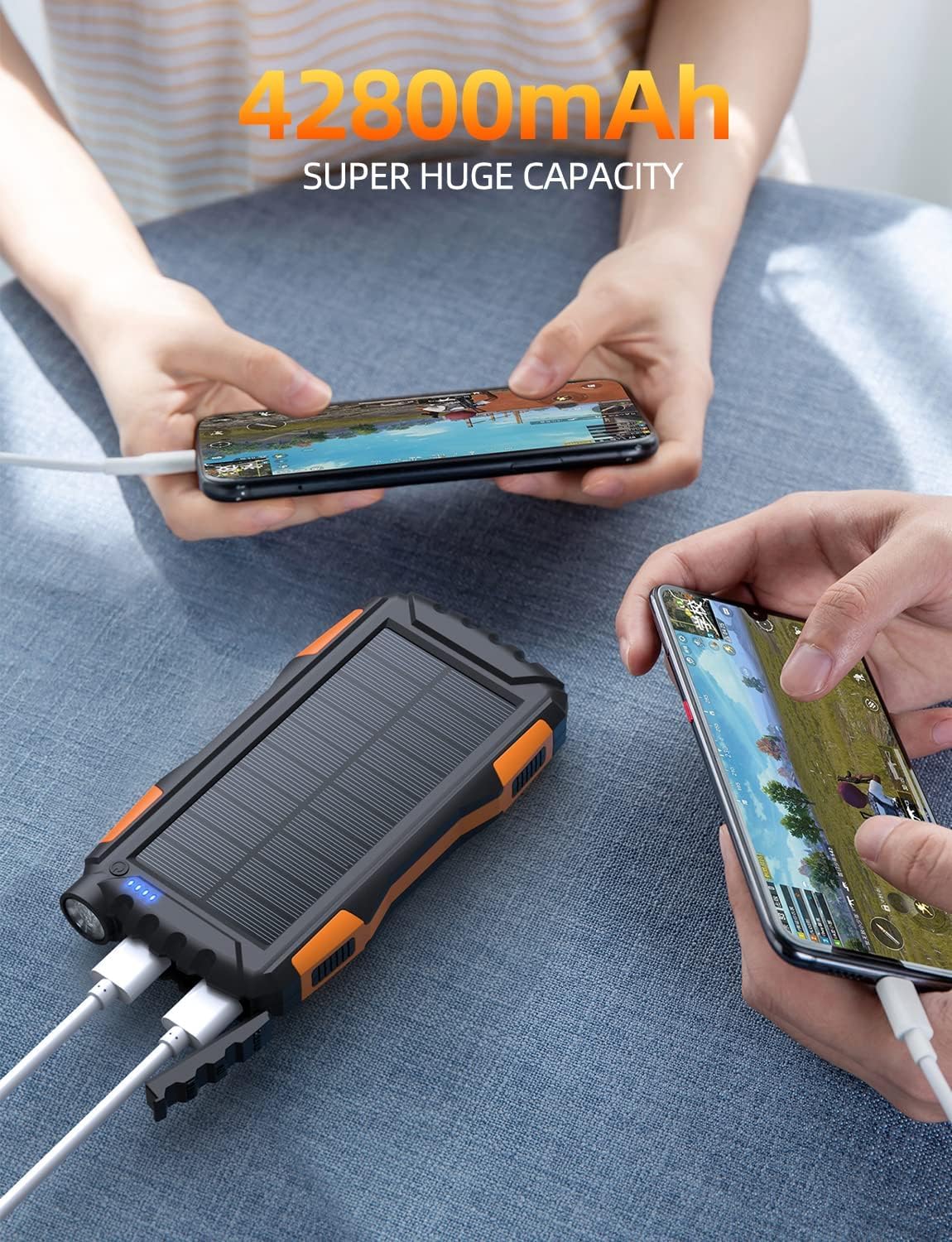 Power-Bank-Solar-Charger - 42800mAh Portable Charger,Solar Power Bank,External Battery Pack 5V3.1A Qc 3.0 Fast Charger Built-in Super Bright Flashlight (Orange) - Image 6