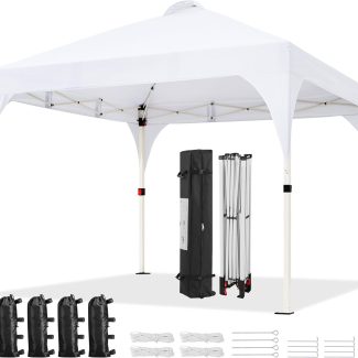 Yaheetech 10x10 Pop Up Canopy Tent with Vent, Easy Set Up Tent, Instant Sun Shelter Canopy with Wheeled Bag, 4 Sandbags, 12 Stakes & 4 Ropes, for Parties, Beach, Outdoor, White