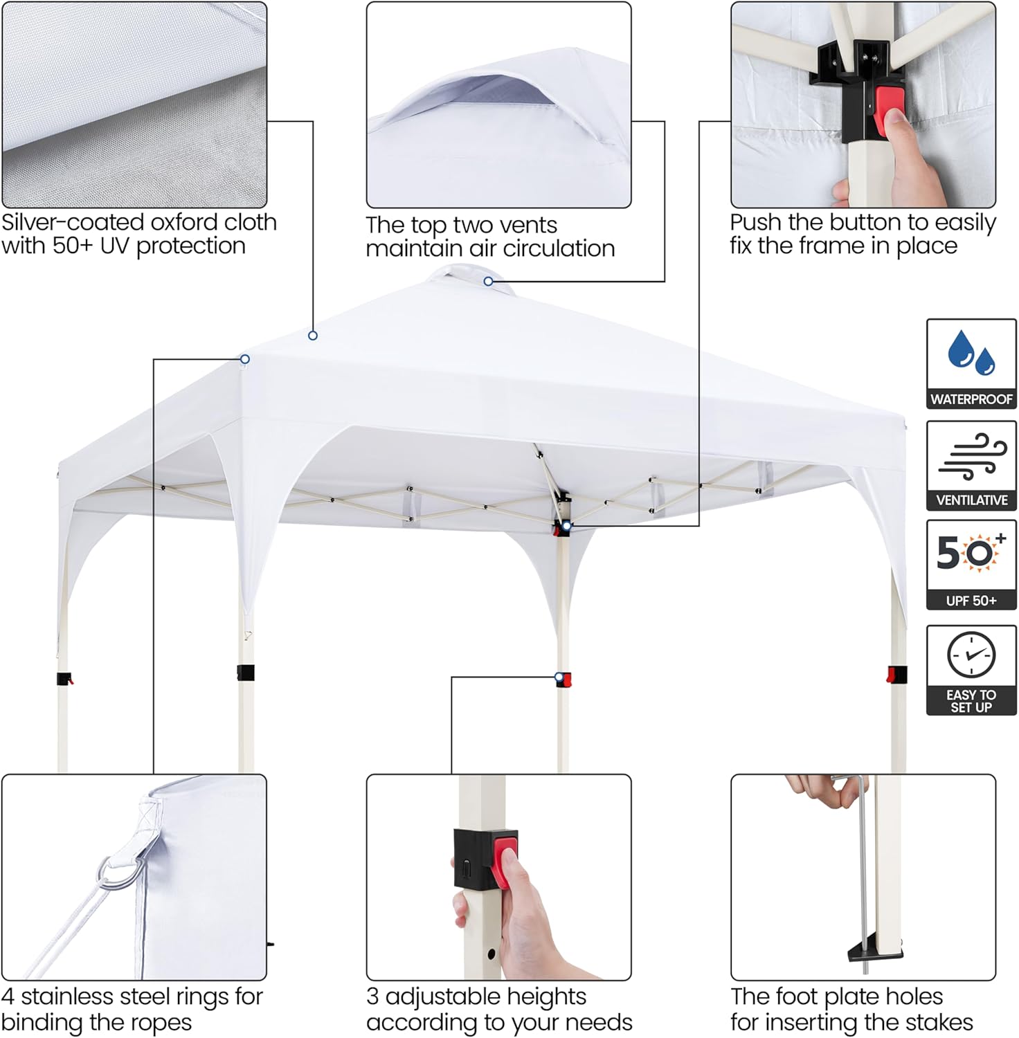 Yaheetech 10x10 Pop Up Canopy Tent with Vent, Easy Set Up Tent, Instant Sun Shelter Canopy with Wheeled Bag, 4 Sandbags, 12 Stakes & 4 Ropes, for Parties, Beach, Outdoor, White - Image 4